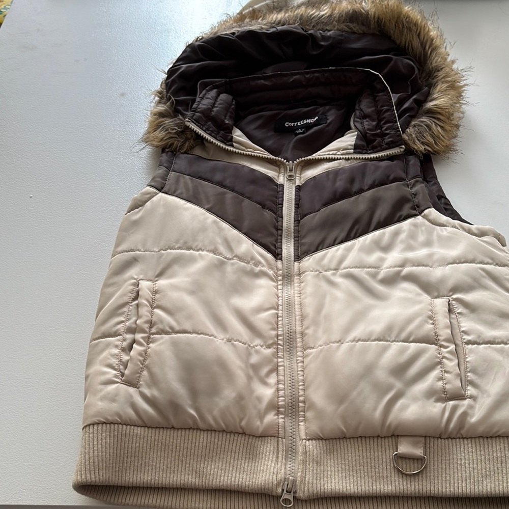 CoffeeShop Brown and Cream Hooded Vest with Fur Trim